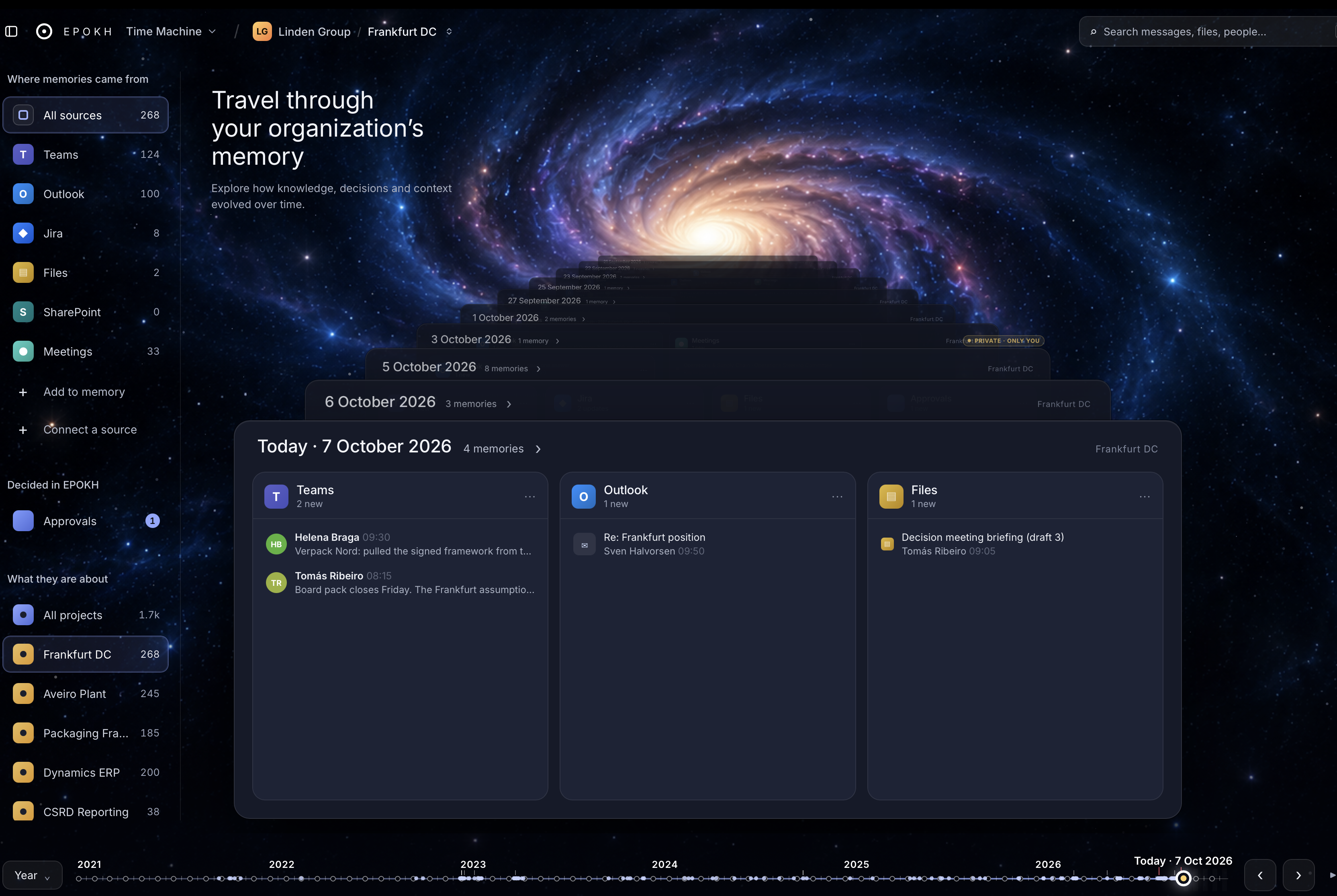 EPOKH Time Machine showing memory cards from Teams, Outlook and Files along a timeline.